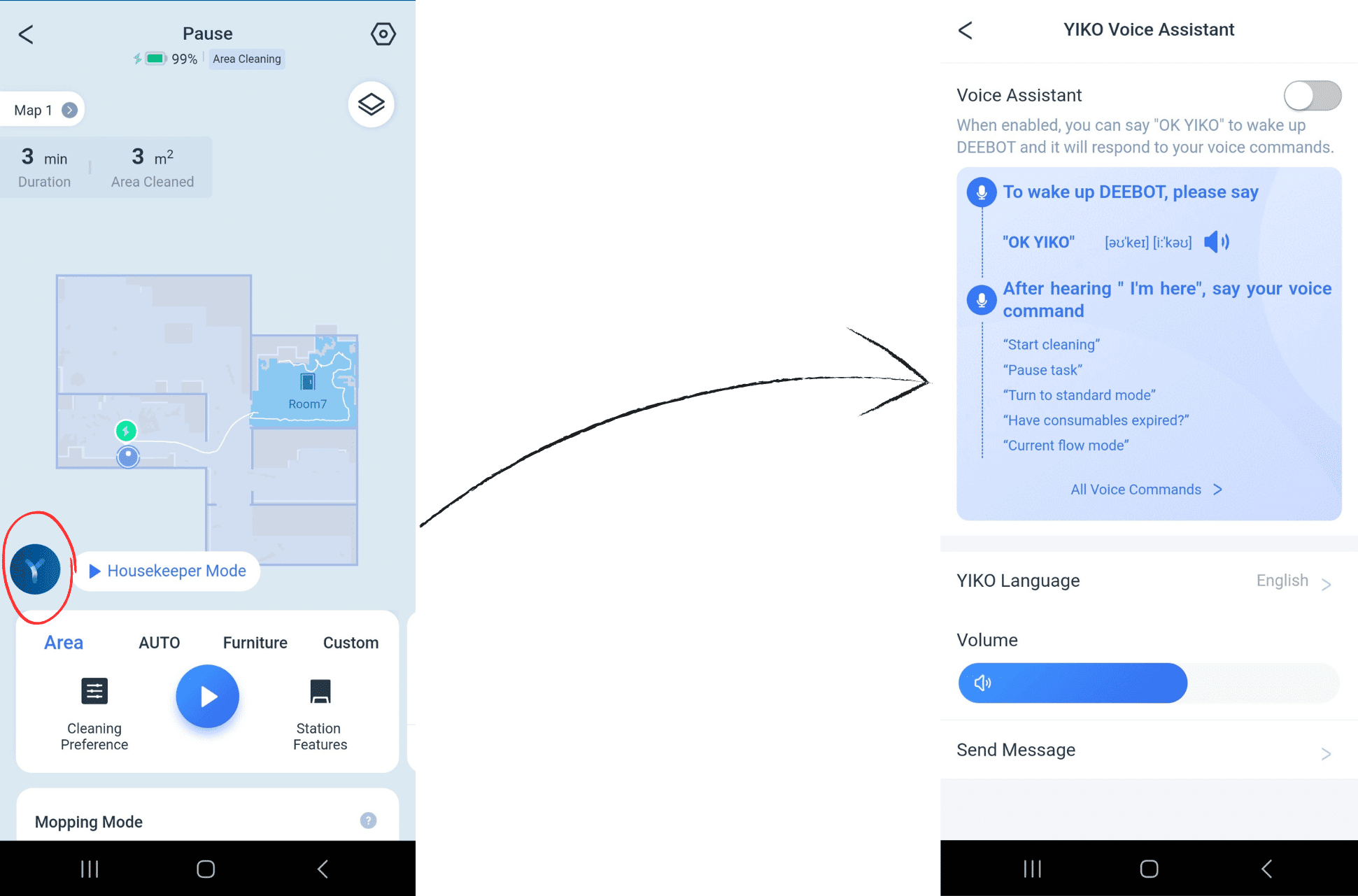 Der YIKO Sprachassistent wird in der ECOVACS DEEBOT T20 OMNI App ausgewählt.